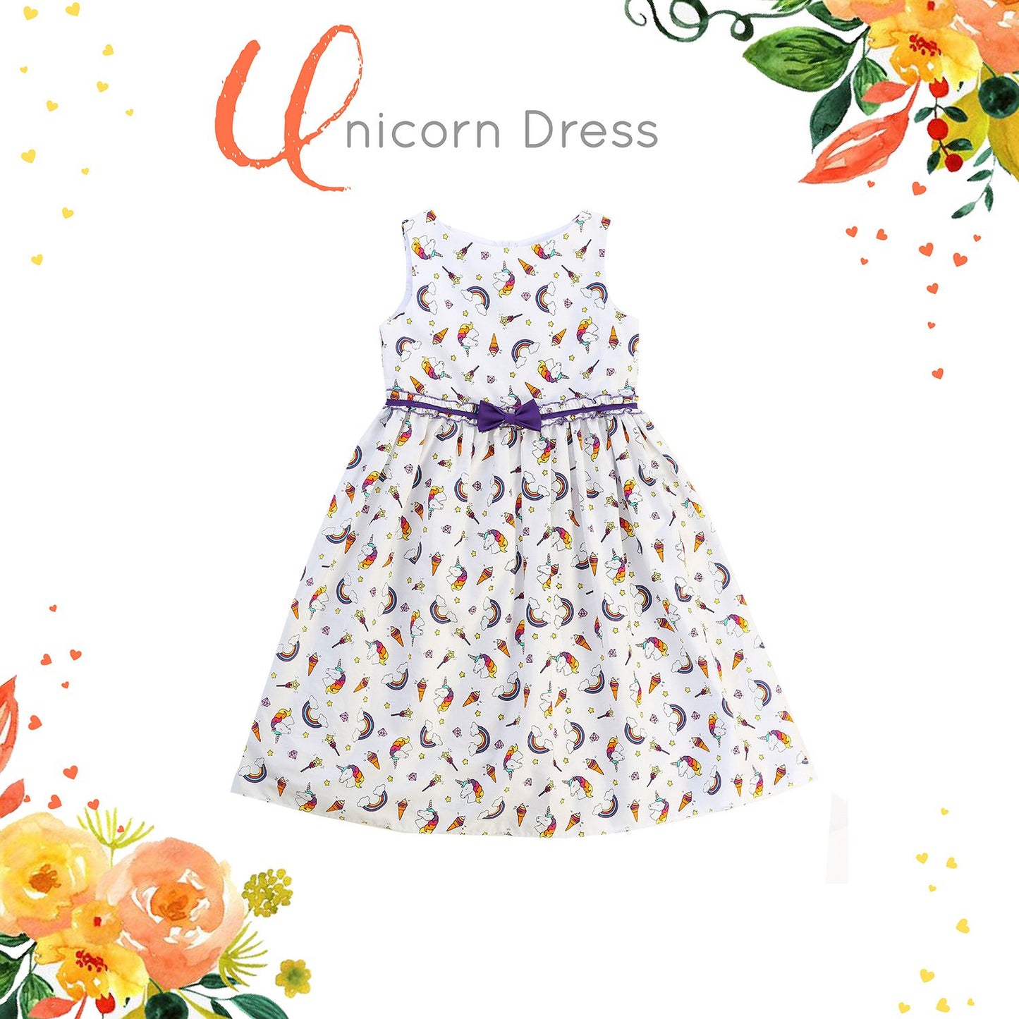Dress - Unicorn Print Cotton Dress With Bow
