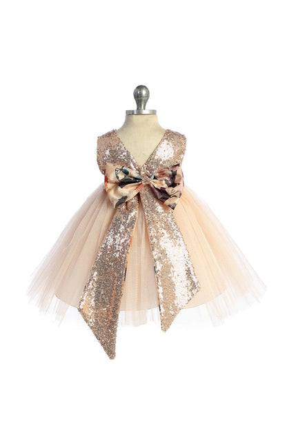 Vintage Floral Blush/Rose Gold Sequins V Back & Bow Baby Dress Vintage Floral Blush/Rose Gold Sequins V Back & Bow Baby Dress