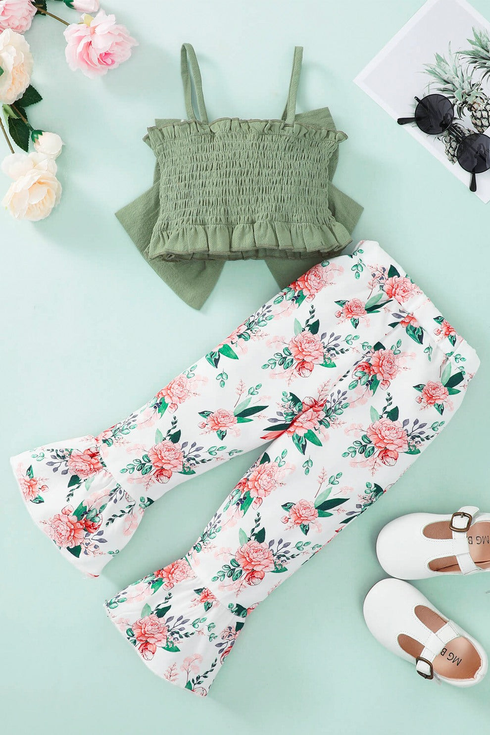 Girls Bow Detail Cami And Floral Flare Pants Set