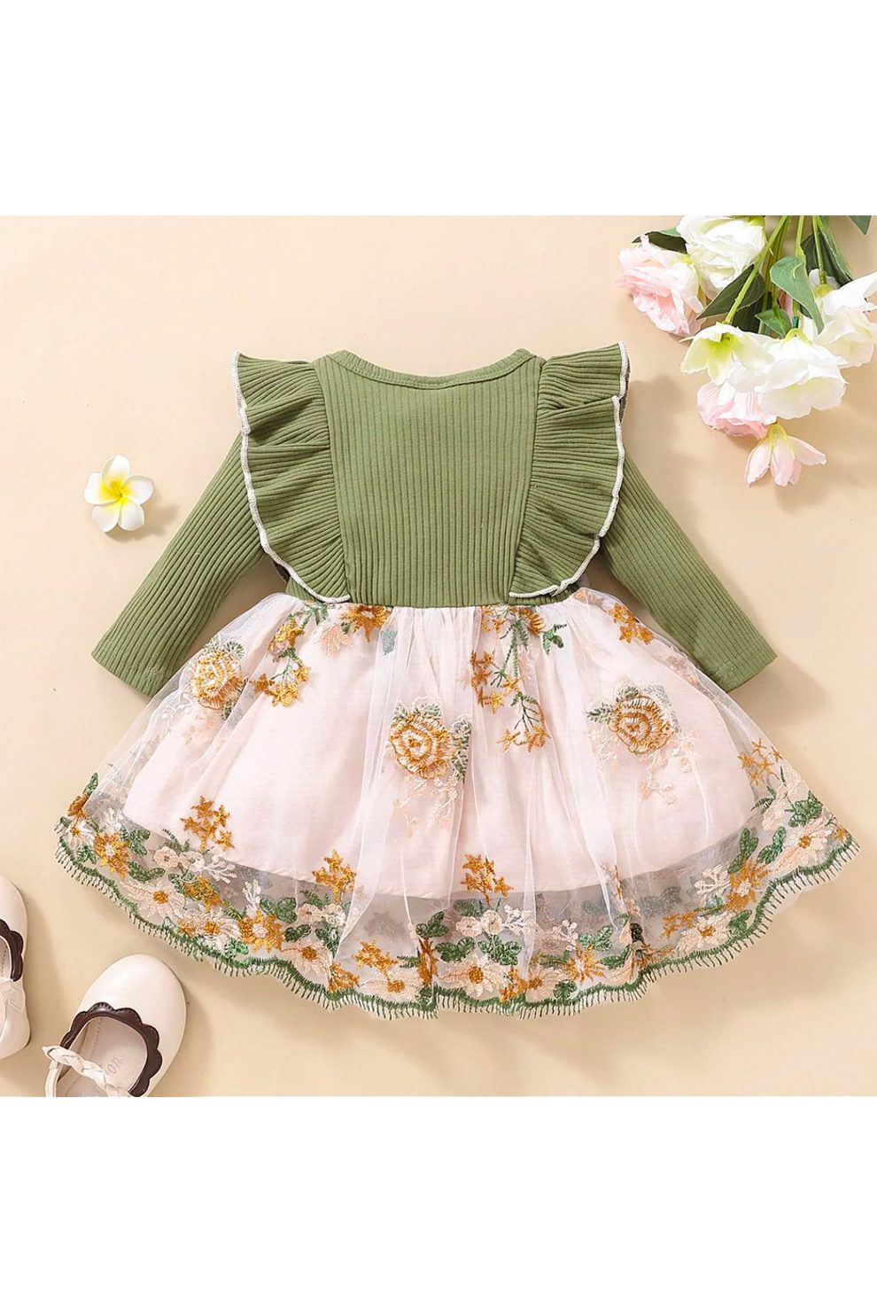 Girls Floral Bow Detail Ruffle Shoulder Tulle Dress