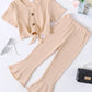 Girls Ribbed Buttoned Top And Flare Pants Set