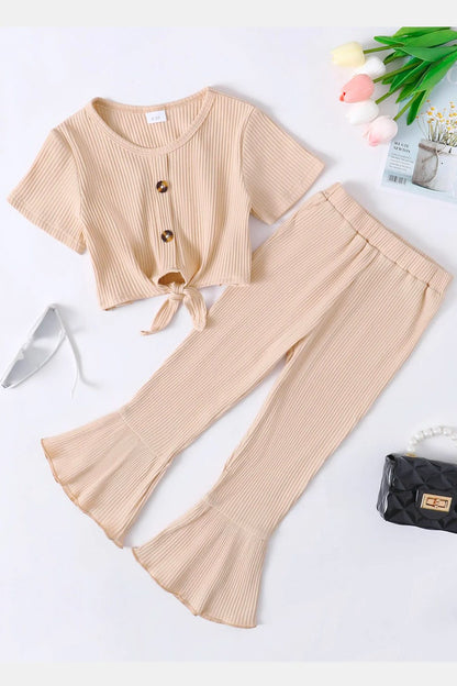 Girls Ribbed Buttoned Top And Flare Pants Set