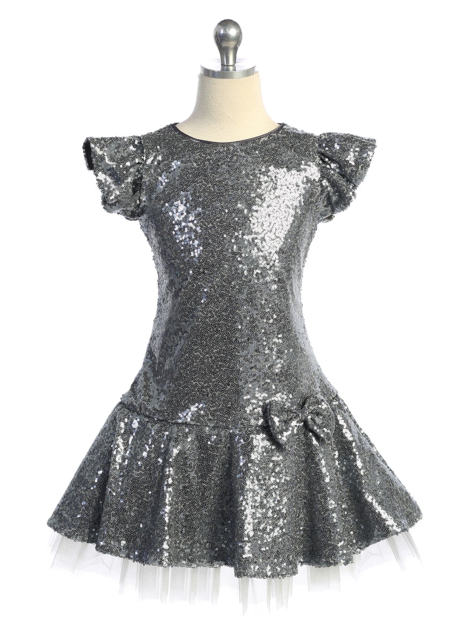 Sequin Ruffle Sleeve Tutu Plus Size Girls Dress 18.5 / Dark Silver Sequin Ruffle Sleeve Tutu Plus Size Girls Dress 18.5 / Dark Silver